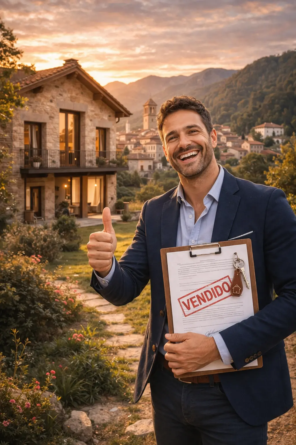 un agente inmobiliario en Ripoll enseñando que acaba de vender una casa