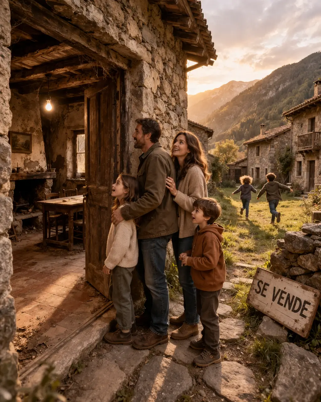 familia observando una casa vieja en plena montaña