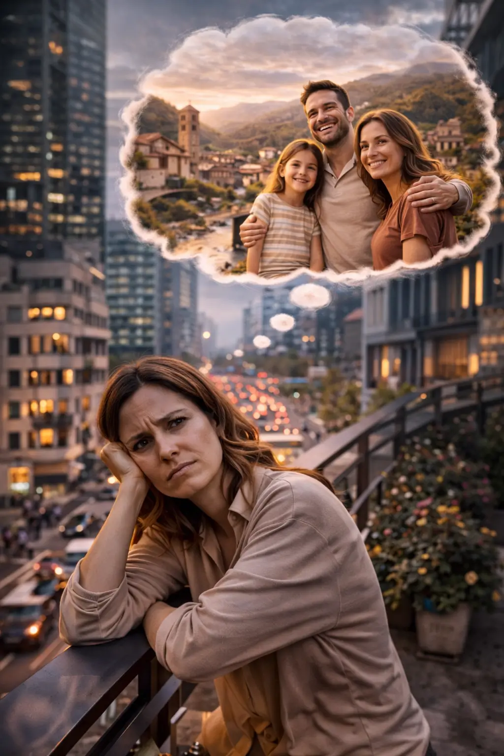 una chica pensando en irse a vivir al pueblo con su familia